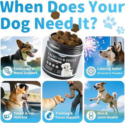 Calming Chews for Dogs – Calming Treats for Anxiety, Stress, Separation, Travel&amp;Thunder, Relaxation &amp; Focus Support with L-Theanine, Valerian Root, Chamomile &amp; Ashwagandha, Bacon Flavor, 60Ct