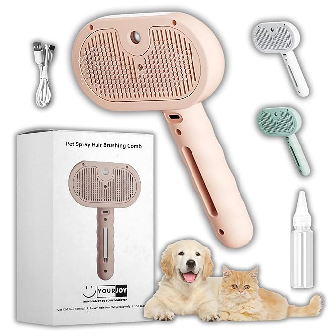 4 in 1 Cat Steam Brush: steam brush for cats, Grooming, Shedding, Mist Spray, Hair Removal Comb &amp; Massager, USB Rechargeable Self Cleaning cat steam brushes for indoor cats - Pink