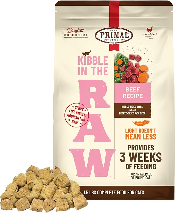 Primal Kibble in The Raw, Freeze Dried Cat Food, Beef, Scoop &amp; Serve, Made with Raw Protein, Whole Ingredient Nutrition, Crafted in The USA, Dry Cat Food, 24 Ounce (1.5 lb) Bag