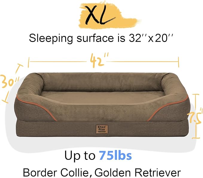Orthopedic XL Large Dog Bed - Removable Bolster &amp; Waterproof Washable Cover for Pet Big Dogs Bed Extra Large Dog Beds with Foam Support Non-Slip Bottom