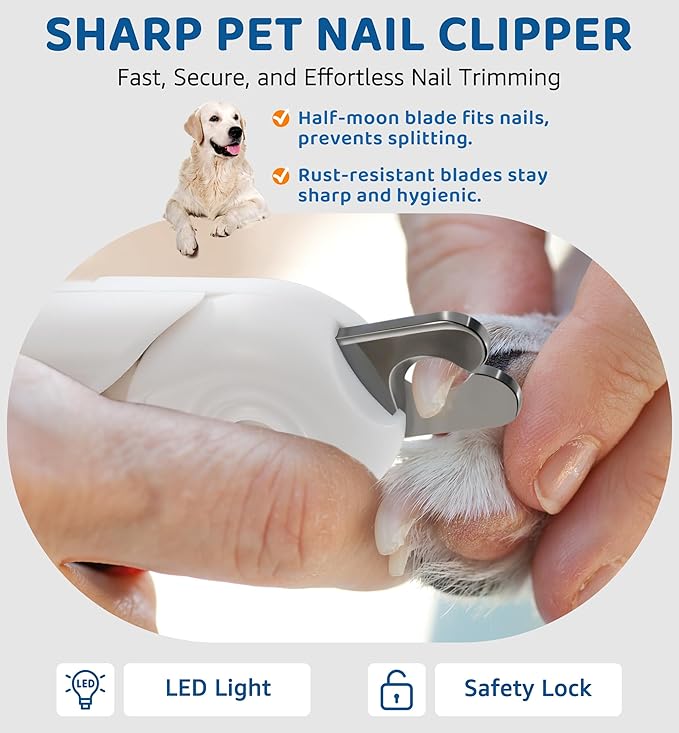Pet Nail Clipper with Light for Cats &amp; Small Dogs Puppies, Ultra Bright LED to Illuminate Nail Bloodline to Avoid Over Cutting, Extra-Sharp and Durable Cat Claw Trimmer with Nail File (White)