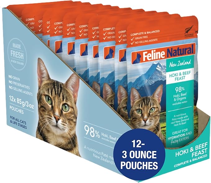 Feline Natural Wet Cat Food Pouch - Hoki &amp; Beef Feast, Grain-Free, Grass-Fed &amp; Sustainably Sourced Wet Food for Cats - Made in New Zealand, 3oz Pate, 12 Count Pack