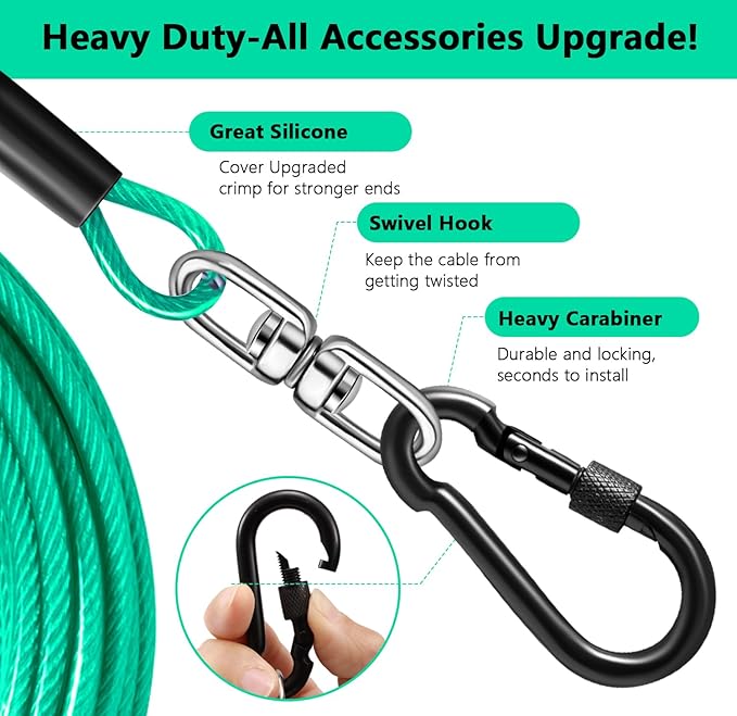 Dog Tie Out Cable 30FT-500Lbs,Heavy Duty Dog Leads Line for Yard with Swivel Hook,Medium Large Dogs Leash&amp;Chains for Outside,Rust Chew Proof Dogs Run Cable for Outdoor Camping (Green Cyan, 30FT)