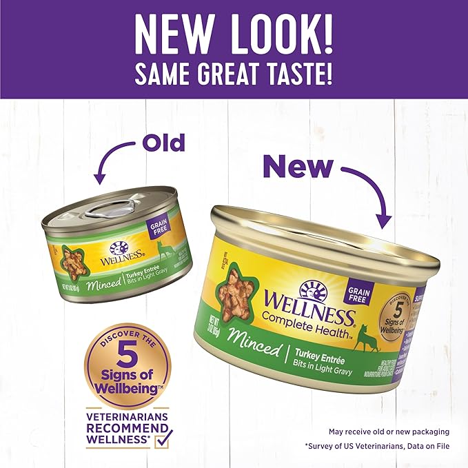 Wellness Complete Health Minced Adult Wet Cat Food, Natural, Protein-Rich, Grain Free, 3 Ounce, 24 Pack, (Turkey Entrée)