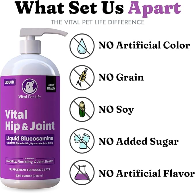 Liquid Glucosamine for Dogs Cats &amp; Horses with Chondroitin, MSM, and Hyaluronic Acid, Hip &amp; Joint Supplement for Mobility &amp; Comfort, Supports Joint Health &amp; Flexibility, Mobility, &amp; Protection, 32 oz