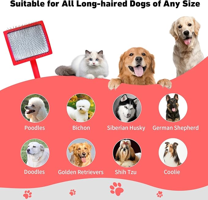Dog Slicker Brush for Shedding and Grooming Medium or Long Haired Cats, Extra Long &amp; Soft Pin Slicker Brush for Removes Loose Hair, Tangles, Knots, Undercoat, Free Pet Comb, Large Red