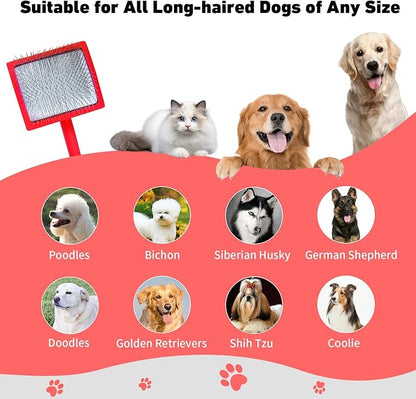Dog Slicker Brush for Shedding and Grooming Medium or Long Haired Cats, Extra Long &amp; Soft Pin Slicker Brush for Removes Loose Hair, Tangles, Knots, Undercoat, Free Pet Comb, Large Red