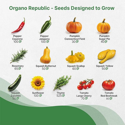 Organo Republic 25 Summer Vegetable &amp; Herb Garden Seeds Variety Pack - 6,820+ Non-GMO Heirloom Veggie &amp; Herb Seeds for Outdoors &amp; Indoor Home Gardening: Tomato, Okra, Bean, Cucumber, Basil, Rosemary