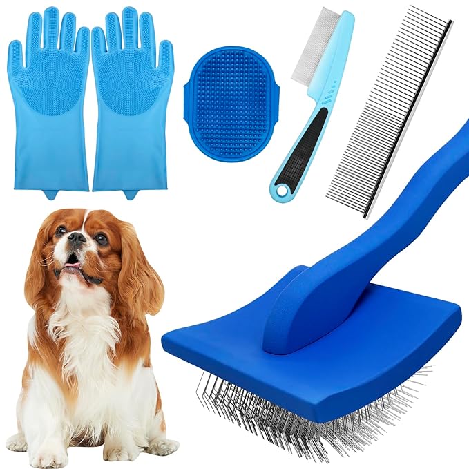 Dog Grooming Brush Set – 5-Piece Kit for Medium &amp; Long-Haired Dogs | Includes Long Pin Brush, Flea Comb, Bath Glove, Silicone Glove, Metal Comb | For Poodles, Huskies &amp; More (Blue)