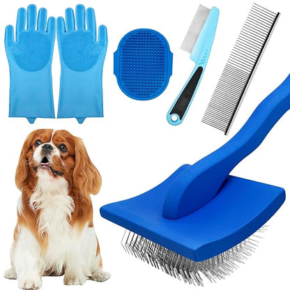 Dog Grooming Brush Set – 5-Piece Kit for Medium &amp; Long-Haired Dogs | Includes Long Pin Brush, Flea Comb, Bath Glove, Silicone Glove, Metal Comb | For Poodles, Huskies &amp; More (Blue)