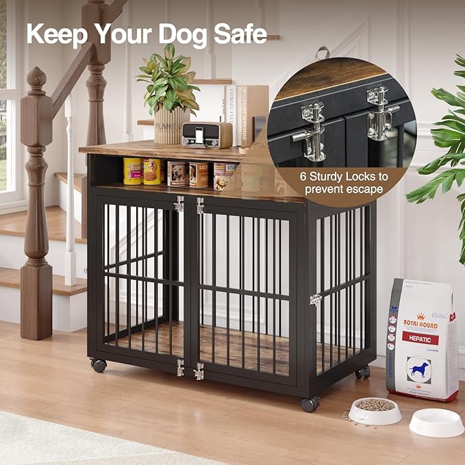 39.4" Dog Crate Furniture for Medium and Large Breed, Dog Kennel Furniture with Storage Shelf &amp; Lockable Wheels, Heavy Duty Wooden End Side Table Pet Cage Indoor, Chew-Resistant, Brown