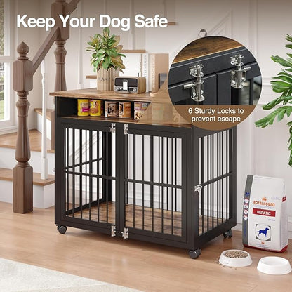 39.4" Dog Crate Furniture for Medium and Large Breed, Dog Kennel Furniture with Storage Shelf &amp; Lockable Wheels, Heavy Duty Wooden End Side Table Pet Cage Indoor, Chew-Resistant, Brown