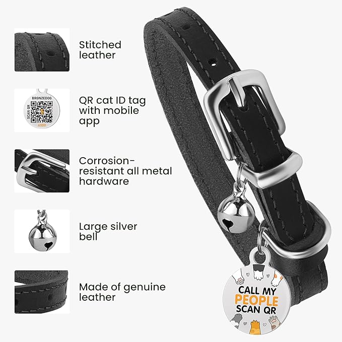 BRONZEDOG Leather Cat Collar with Removable Bells Non Breakaway Kitten QR Tag for Girl Boy (7" - 9" for Cats, Black &amp; Silver)