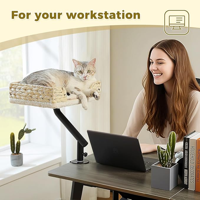 PAWZ Road Cat Desk Bed for Indoor Cats, Wicker Cat Bed for Desk Supports Up to 50 lbs, 360° Rotation &amp; Adjustable Soft Plush Cats Hammock for Desktop, White