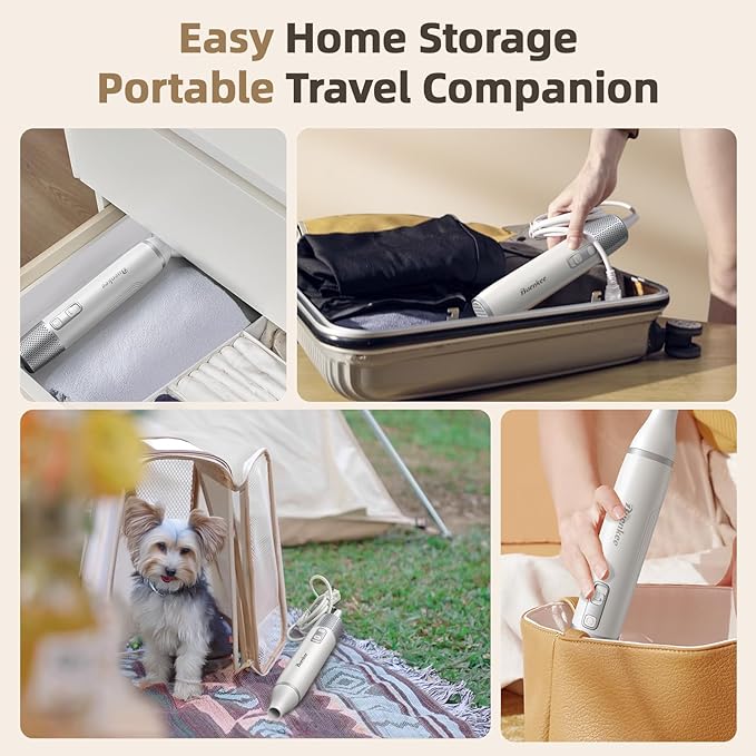 Dog Dryer Handheld Pet Hair Dryer: 3HP High-Velocity Blower with 3 Speeds &amp; 4 Temps Lightweight, Quiet Design. Portable Blow for Travel &amp; Home Grooming. Includes 3 Nozzles (White).
