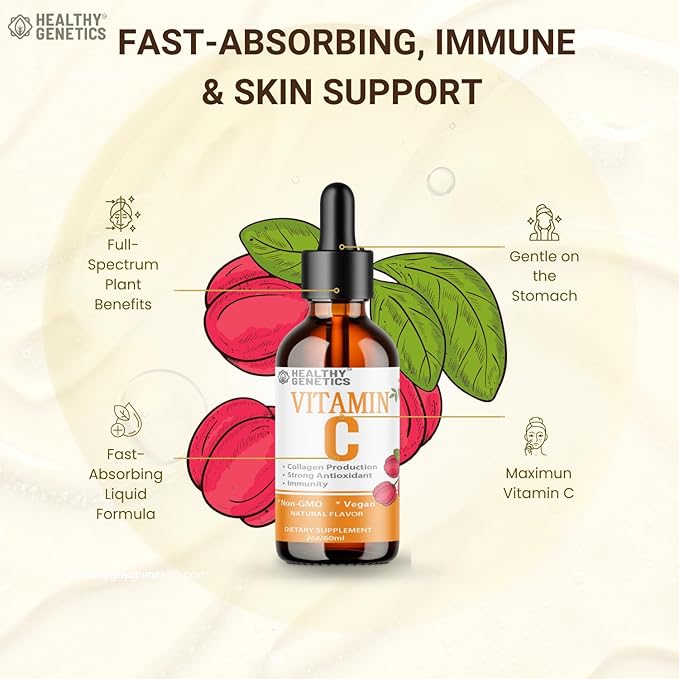 Vitamin C Supplement | Liquid Vitamin C Liquid Drops for Adults &amp; Kids | Acerola Cherry | Immune Support Supplement | Antioxidant | Skin | Vegan | Non-GMO | Gluten Free | 2 Fl