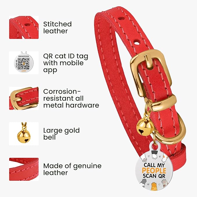 BRONZEDOG Leather Cat Collar with Removable Bells Non Breakaway Kitten QR Tag for Girl Boy (7" - 9" for Cats, Red &amp; Gold)