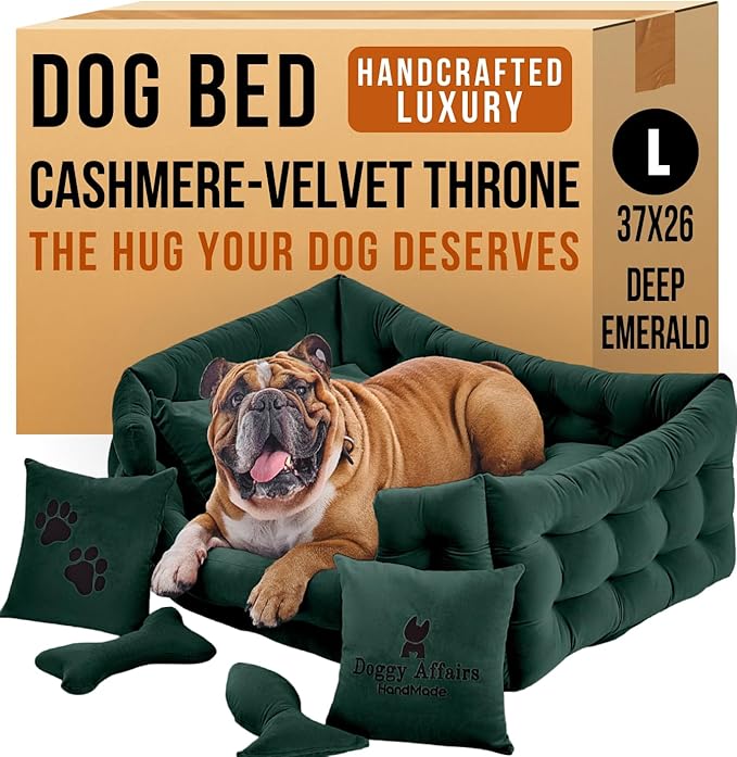 Luxury Dog Bed Chesterfield – Handcrafted Velvet Throne for Dogs | Joint Support, Calming &amp; Temp-Regulating Comfort | Durable 5+ Years, Anti-Claw, Washable 100+ Times – L, Green