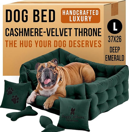 Luxury Dog Bed Chesterfield – Handcrafted Velvet Throne for Dogs | Joint Support, Calming &amp; Temp-Regulating Comfort | Durable 5+ Years, Anti-Claw, Washable 100+ Times – L, Green
