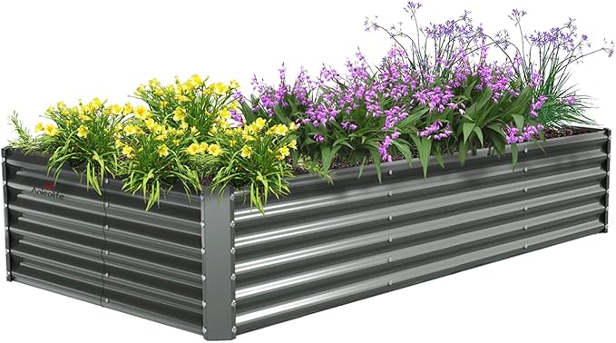 A ANLEOLIFE 8X4X1.5 ft Galvanized Raised Garden Beds Outdoor, Rectangular Metal Planter Box for Planting Vegetables Flowers Herb, Anti-Rust &amp; Easy-Setup, Quartz Grey