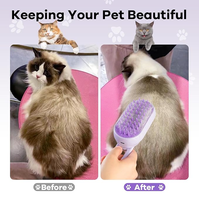 Cat Steam Brush for Shedding, 4 in 1 Rechargeable Steam Brush for Cats and Dogs, Anti-Static, Massage, Cleaning, Shedding &amp; Combing All In One! (purple)