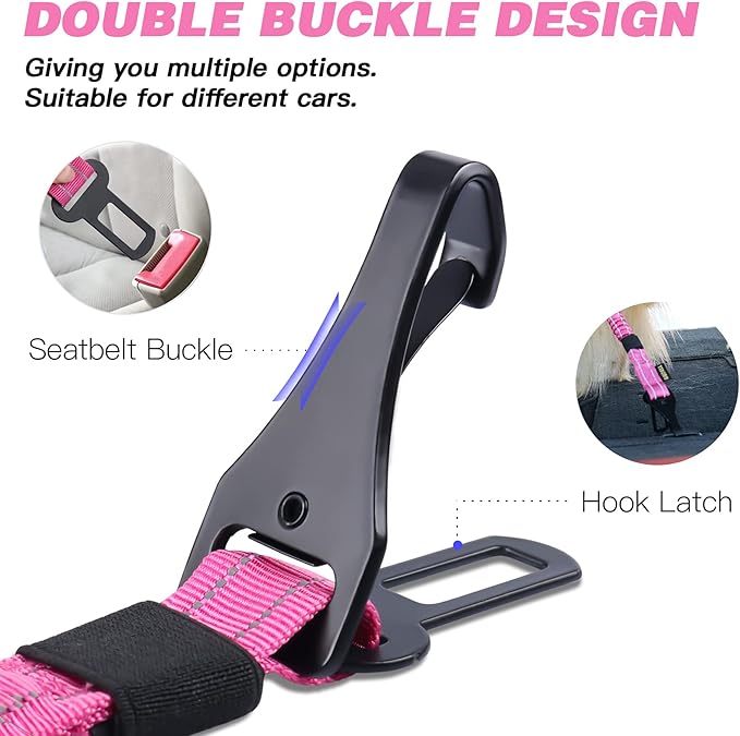 AUBELL Dog Seat Belt for Car,2 Pack Set 3-in-1 Adjustable Reflective Bungee Heavy Duty Dog Car Harness Tether with Clip Hook Latch &amp; Buckle,Swivel Zinc Alloy Carabiner,Black+Hotpink