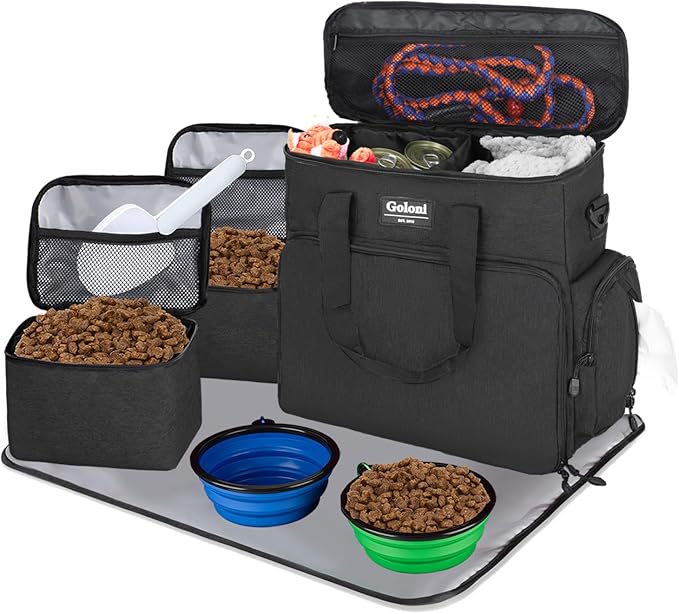 Dog Travel Bag Airline Approved–Pet Travel Tote with Collapsible Bowls,Food Containers &amp; Feeding Mat–Multi-Pocket Organizer for Dogs &amp; Cats, Durable &amp; Water-Resistant for Hiking,Trips,Outdoors