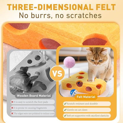 Interactive Cat Puzzle Toy for Indoor Cats &amp; Kittens - Fun Track Balls &amp; Spring Teaser in Stimulating Felt Puzzle Box (Yellow) - Mental Enrichment Game