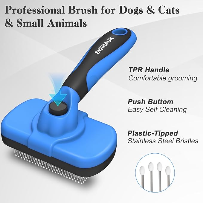 Swihauk Self Cleaning Slicker Brush - Skin Friendly Deshedding Grooming Tool for Dogs &amp; Cats, Suitable for Shedding &amp; Haired Pets, with Pet Supplies Accessories, Blue