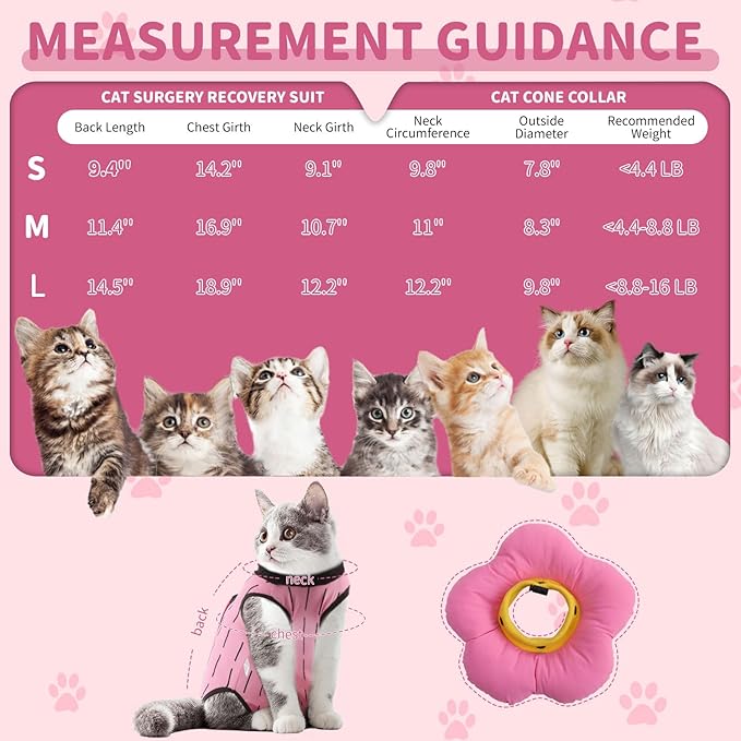 EMUST 2-in-1 Cat Recovery Suit &amp; Cone Collar - Cute Surgical Suit for Abdominal Wounds, Adjustable Soft Flower Collar - Cat Onesie After Surgery, 4-8lb (Pink, M)