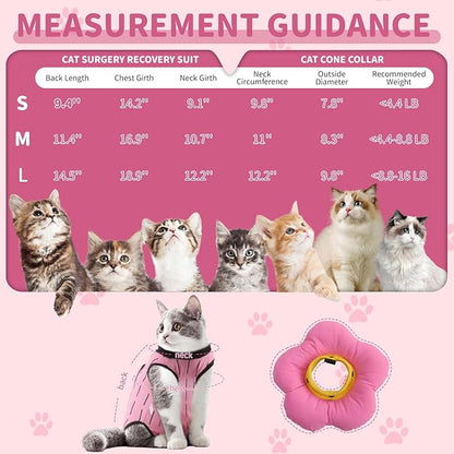 EMUST Cute Cat Recovery Suit &amp; Cone Collar Set - Soft, Adjustable Flower Collar for Female Kittens Under 4lb (Pink, S)