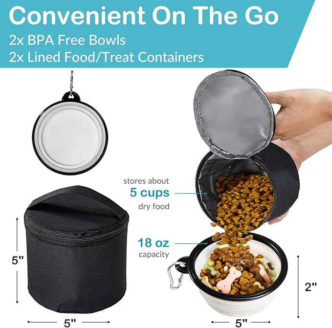 Dog Travel Bag - Airline Approved, 2 Food Containers, 2 Bowls, Treat Pouch &amp; Accessories