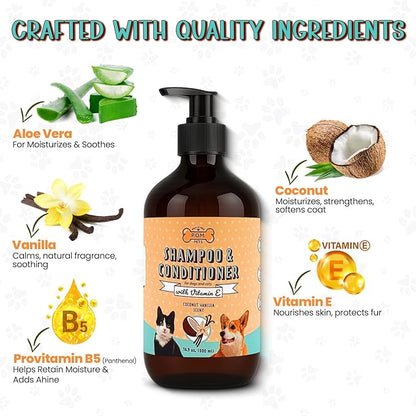 POM Pets 2-in-1 Organic Dog Shampoo &amp; Conditioner – Itchy Skin Relief, Dog Deshedding, Detangles Fur, Cat Shampoo, Paw Cleaner for Dogs, Natural Coat Defense Formula