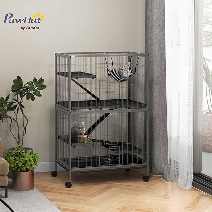 PawHut 50" 5-Tier Small Animal Cage, Ferret Cage, Large Chinchilla Cage with Hammock Accessory &amp; Heavy-Duty Steel Wire, Small Animal Habitat with 4 Doors, Removable Tray, Gray