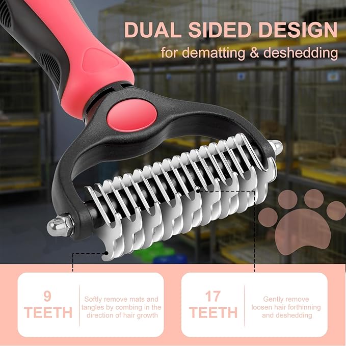 Pet Grooming Brush, Double Sided Undercoat Rake for Dogs &amp; Cats, Professional Deshedding Brush and Dematting Tool, Safe and Effective Removing Knots, Mats, Tangles,and Flying Hair (Pink)