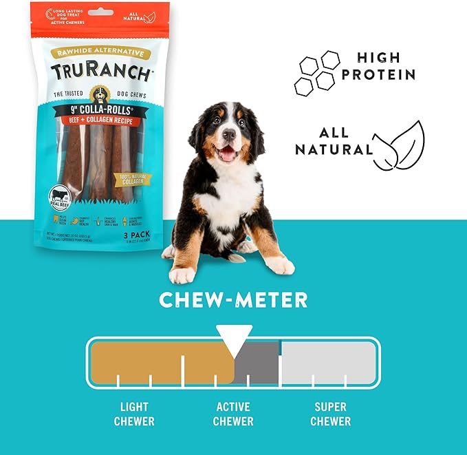 Collagen Rolls - 9" Collagen Rolls for Dogs - Long Lasting Healthy Joint Support - Rawhide Alternative - Skin &amp; Coat Health - Made with Real Beef, Value Pack, 15 Bags, 45 Count