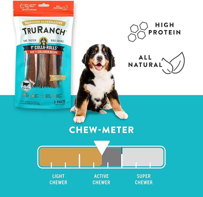 Collagen Rolls - 9" Collagen Rolls for Dogs - Long Lasting Healthy Joint Support - Rawhide Alternative - Skin &amp; Coat Health - Made with Real Beef, Value Pack, 15 Bags, 45 Count