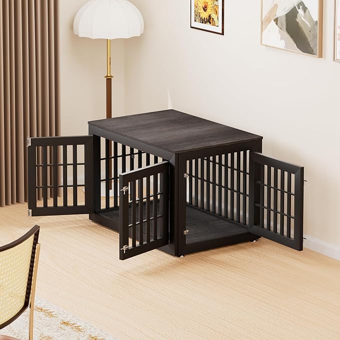 42" Heavy Duty Dog Crate Furniture for Small,Medium and Large Dogs,Rustic Wooden Dog Cage Kennel Indoor Furniture with Waterproof Top,Decorative Pet House Side End Table (Black &amp; Grey)