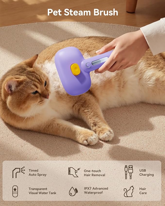 ROJECO 3-in-1 Pet Steam Brush for Cats&amp;Dogs - Detangling Comb with Adjustable Mist, Handheld Deshedding Grooming Tool for Long/Short Hair, Massage Brush &amp; Shedding Control Gift,Cordless,Purple