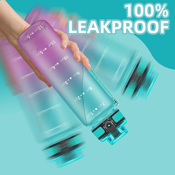 OLDLEY 32 oz Water Bottle, Motivational Water Bottle with Time Marker, Sports Water Bottle With Strap, Leakproof &amp; BPA Free Large Water Bottles for School, Gym, Travel,Tritan,Green&amp;Purple