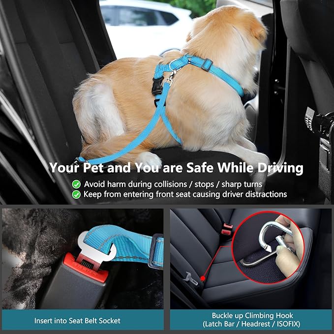 Dog Seat Belt Harness for Car, Dog Car Harness Adjustable Mesh Breathable &amp; Dogs Seatbelt Safety Tether with Elastic Bungee for Small Medium Large Pets(Blue, S)