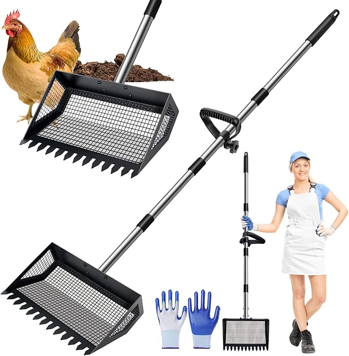 Chicken Poop Scooper &amp; Rake 2-in-1, 32 to 68" Adjustable Stainless Steel Chicken Litter Scoop with Handle and Glove for Chick Coop Sands Multifunctional Litter Sifting Shovel for Hen Animals House
