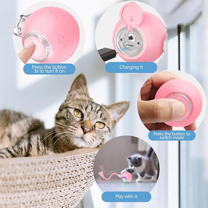 Interactive Cat Toys, Automatic Moving Cat Toys for Bored Indoor Adult Cats, Fast Rolling, Chirping &amp; Motion-Activated Kitty Toys, Fun Gift for Cats with Speedy Tail 2.0, USB Rechargeable,Pink