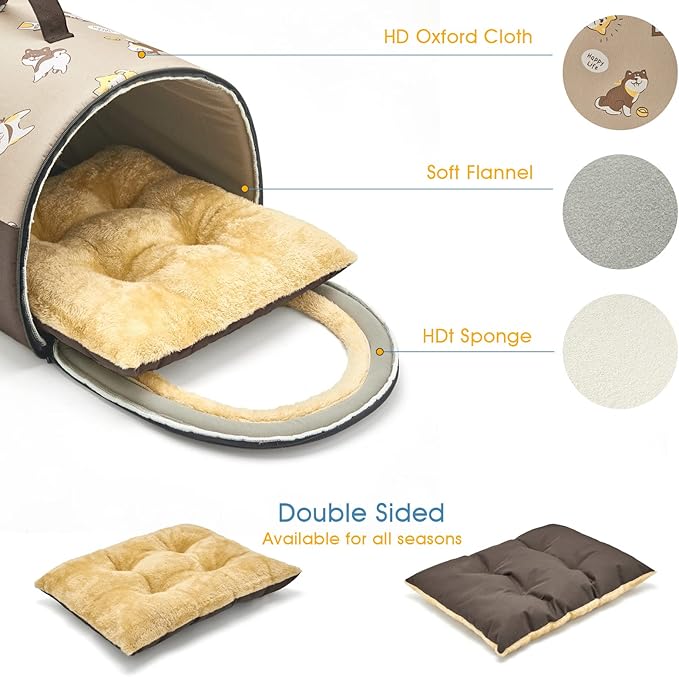 Jiupety Indoor Dog House, 2 in 1 Portable Foldable House Bed with Cover, Pet Tent &amp; Cave Bed for Cats and Small Dogs, M(18"×14"×13"), Up to 9 Lb, Brown