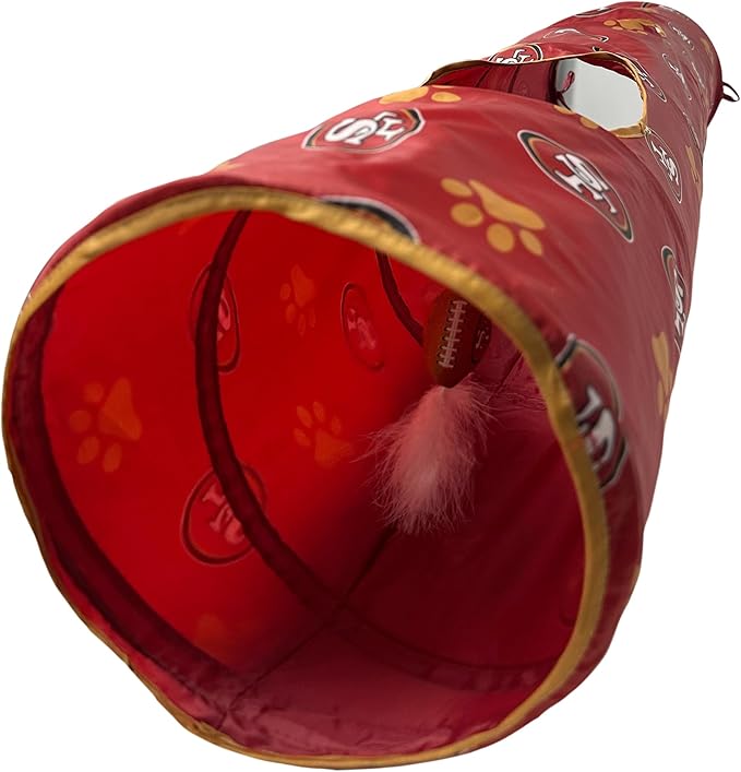 NFL San Francisco 49ers Cat Tunnel Tube Toy with Plush Football Catnip and Feathers Collapsible Tunnel for Cats to Play, Peek and Hide, Sporty &amp; Fun Cat Tunnel Toy with Team Logo All-Over Design!