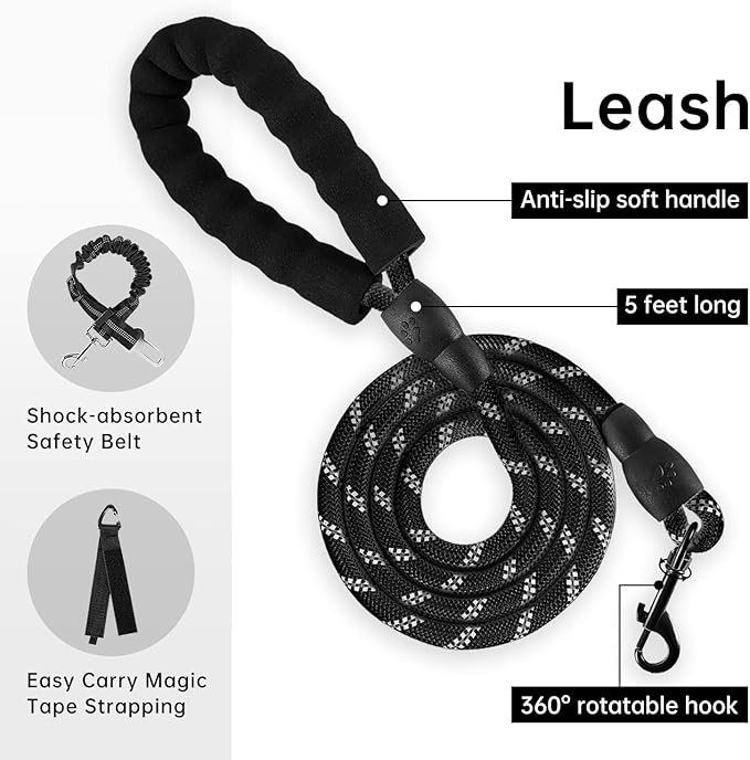 IVY&amp;LANE No Pull Dog Harness for Large Dogs, Dog Vest Harness with Leash, Safety Belt and Storage Strap, Fully Adjustable Harness, 360° Reflective Strip, Soft Handle (Black, XL)