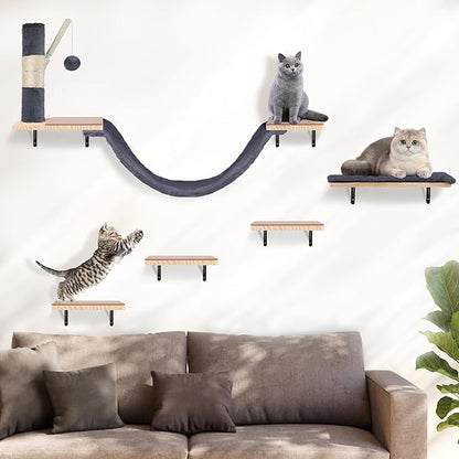 Wall Mounted Cat Climber Set, Cat Wall Shelves,Cat Wall Furniture Set,with Hammock,Jumping Boards,Sofa,Steps,Scratching Post,Hanging Ball and Felt Pads, Suit for Cats Climb, Jump,Scratch-Dark