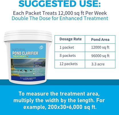 Pond Clarifier Treatment – 12 Packets Natural Pond Water Clear for Outdoor Lakes – Beneficial Enzymes to Improve Water Clarity &amp; Eliminate Odor – Treats Up to 144000 Sq Ft