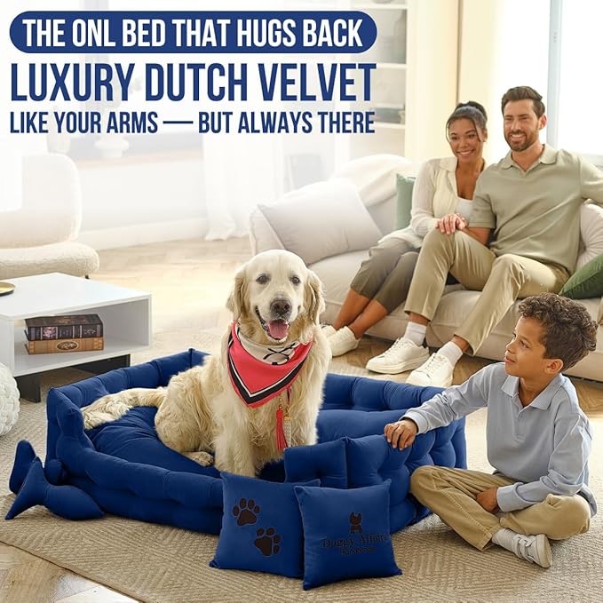 Luxury Dog Bed Chesterfield – Handcrafted Velvet Throne for Dogs | Joint Support, Calming &amp; Temp-Regulating Comfort | Durable 5+ Years, Anti-Claw, Washable 100+ Times – XL, Blue