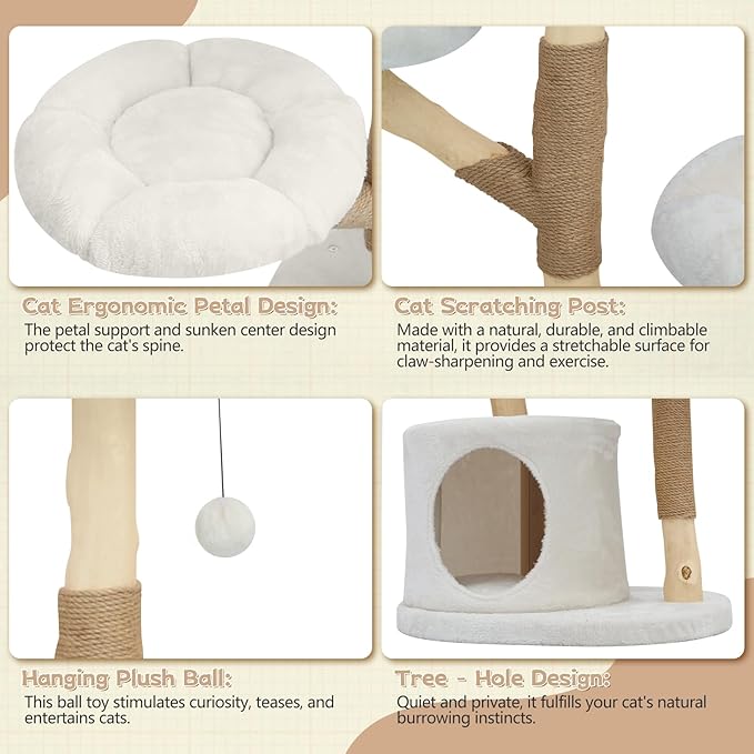 Modern Cat Tree Tower, Solid Wood Multi-Level w/ 2 Flower Perches, Scratching Post, Hanging Ball - Luxury Boho Cat Furniture w/Condo &amp; Wicker Basket for Indoor Cats